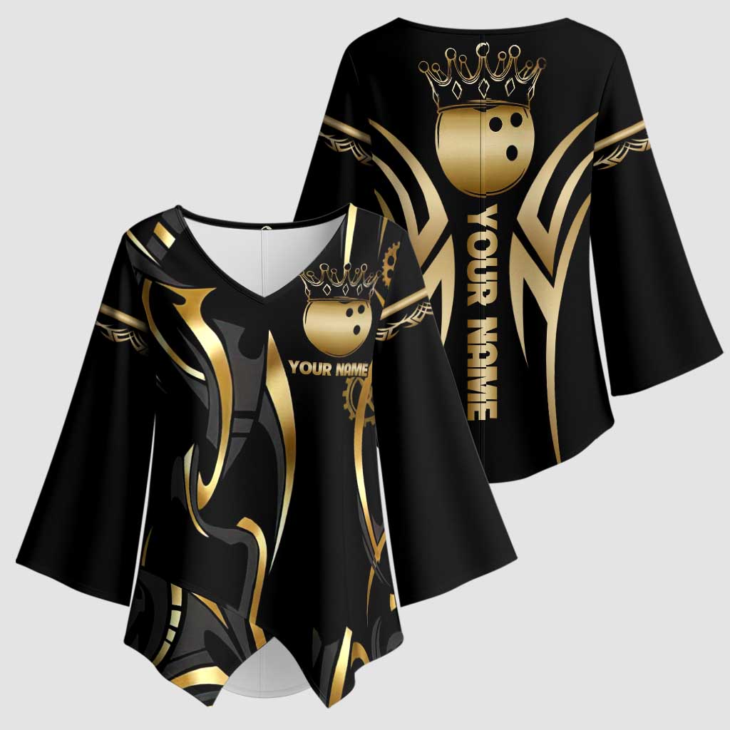 Personalized Golden Tribal Bowling Ball Emblem Kimono Sleeve Blouse with Black Abstract Metallic Pattern - Wonder Print Shop