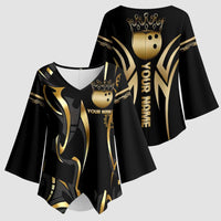 Personalized Golden Tribal Bowling Ball Emblem Kimono Sleeve Blouse with Black Abstract Metallic Pattern - Wonder Print Shop