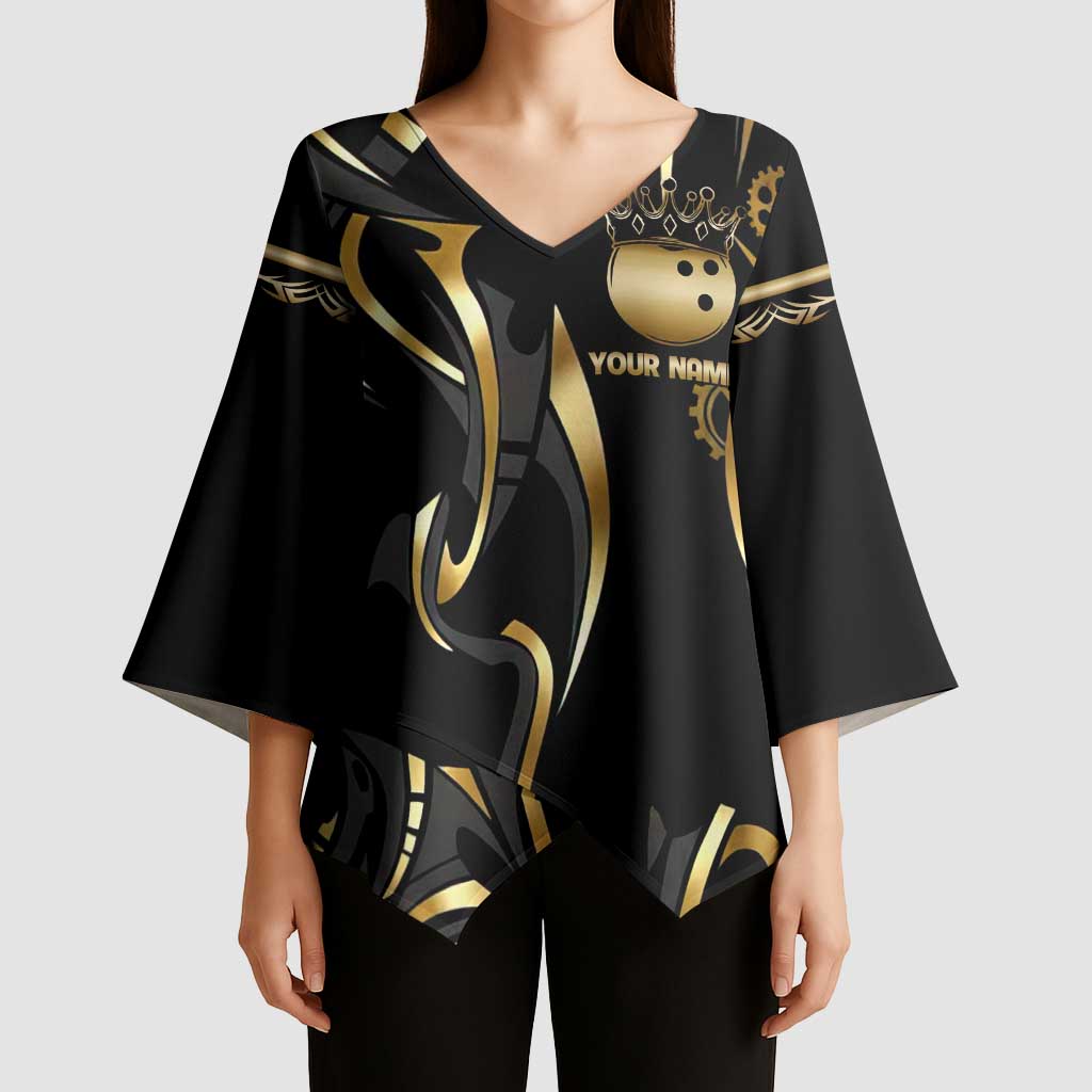 Personalized Golden Tribal Bowling Ball Emblem Kimono Sleeve Blouse with Black Abstract Metallic Pattern - Wonder Print Shop