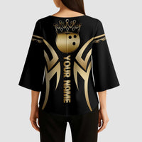 Personalized Golden Tribal Bowling Ball Emblem Kimono Sleeve Blouse with Black Abstract Metallic Pattern - Wonder Print Shop