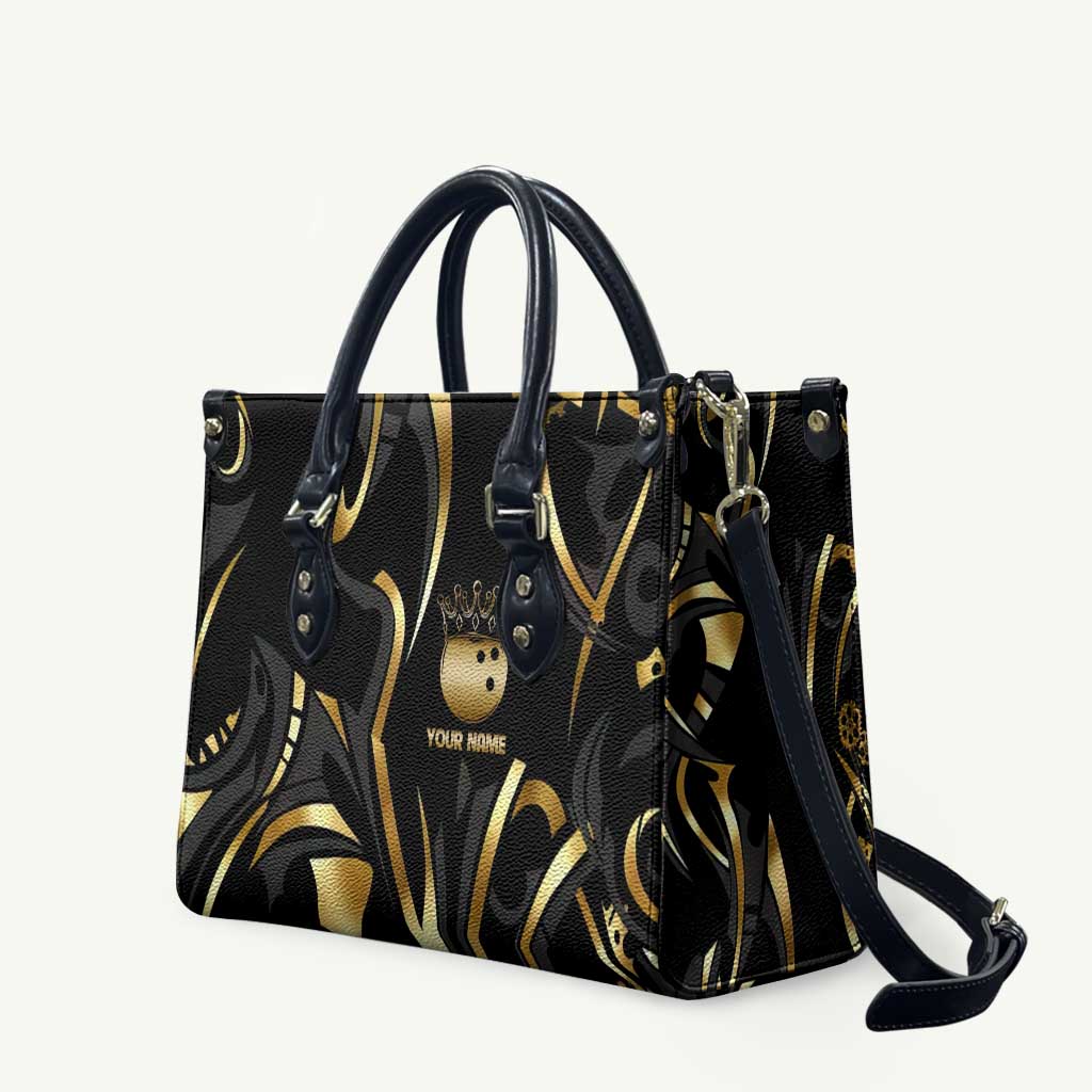 Personalized Golden Tribal Bowling Ball Emblem Leather Bag with Black Abstract Metallic Pattern - Wonder Print Shop