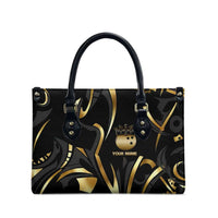 Personalized Golden Tribal Bowling Ball Emblem Leather Bag with Black Abstract Metallic Pattern - Wonder Print Shop