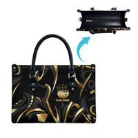 Personalized Golden Tribal Bowling Ball Emblem Leather Bag with Black Abstract Metallic Pattern - Wonder Print Shop