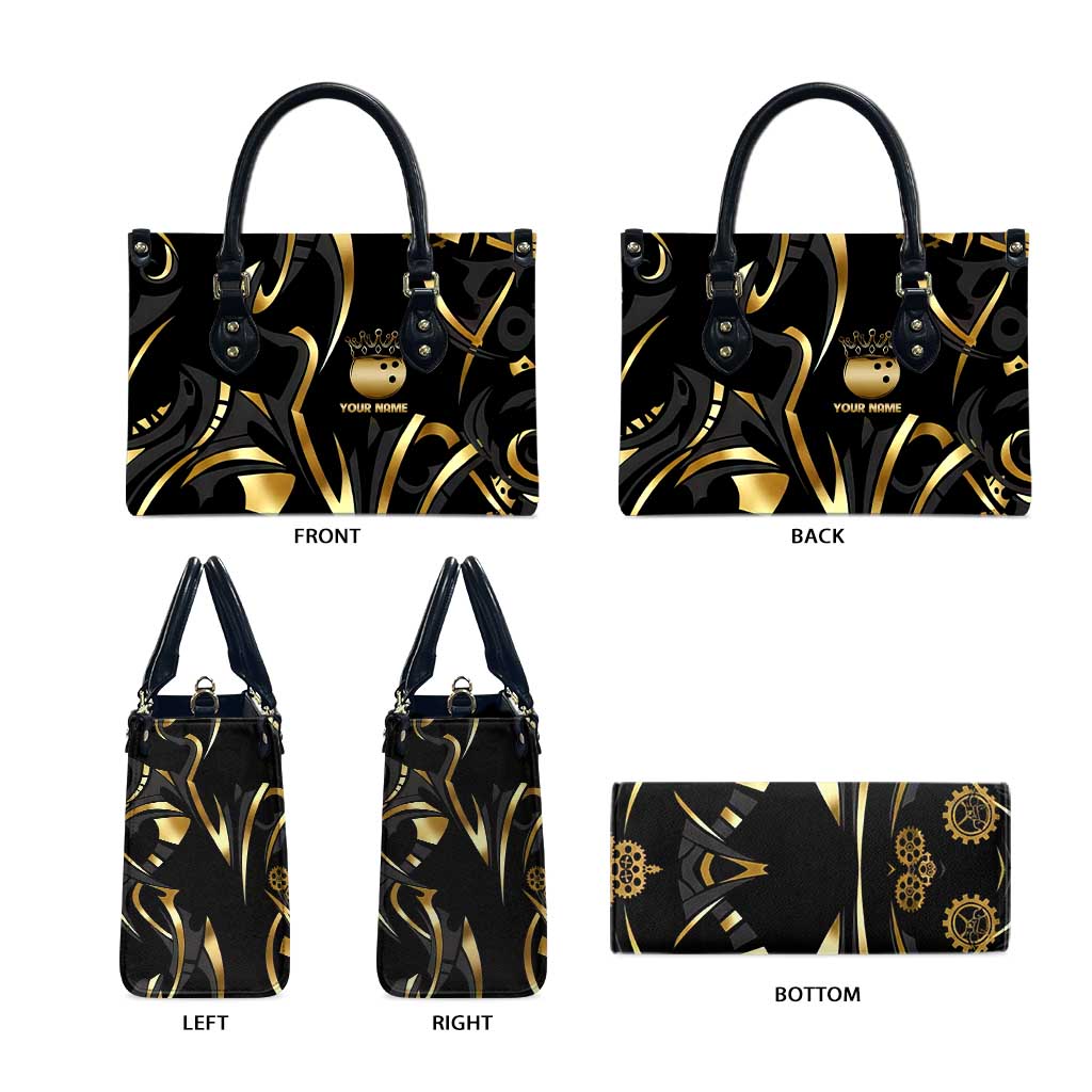 Personalized Golden Tribal Bowling Ball Emblem Leather Bag with Black Abstract Metallic Pattern - Wonder Print Shop