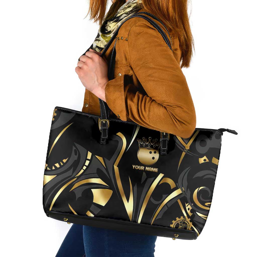 Personalized Golden Tribal Bowling Ball Emblem Leather Tote Bag with Black Abstract Metallic Pattern - Wonder Print Shop