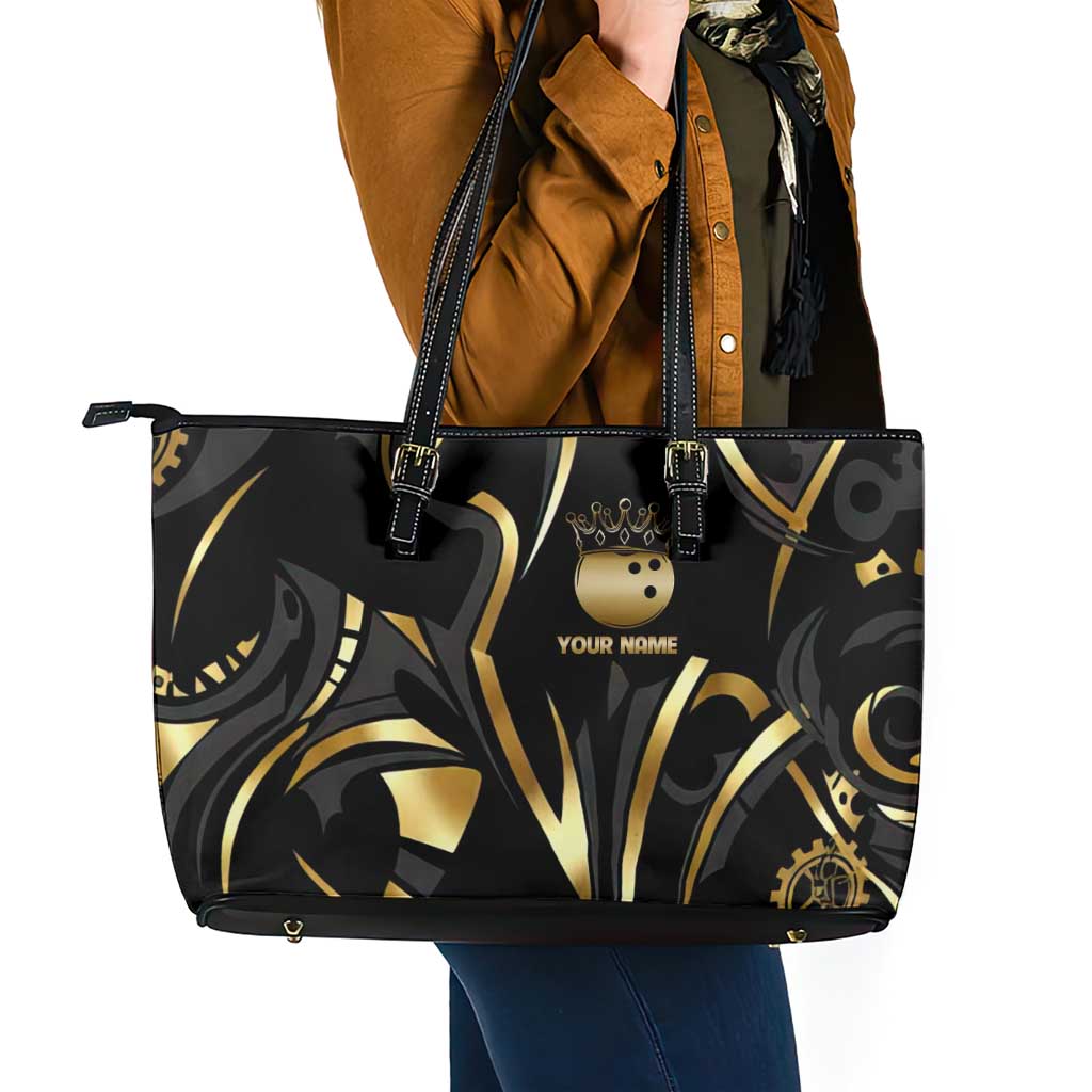 Personalized Golden Tribal Bowling Ball Emblem Leather Tote Bag with Black Abstract Metallic Pattern - Wonder Print Shop
