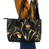 Personalized Golden Tribal Bowling Ball Emblem Leather Tote Bag with Black Abstract Metallic Pattern - Wonder Print Shop