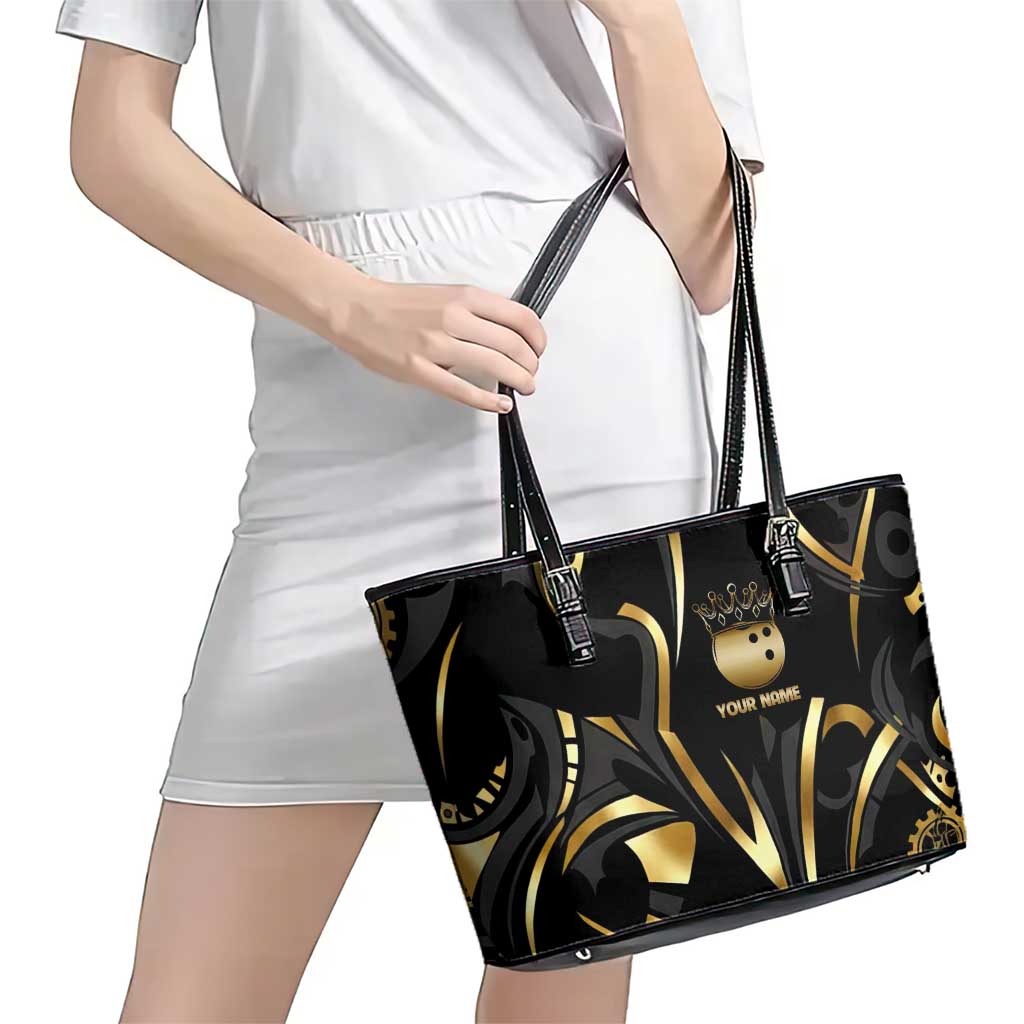 Personalized Golden Tribal Bowling Ball Emblem Leather Tote Bag with Black Abstract Metallic Pattern - Wonder Print Shop