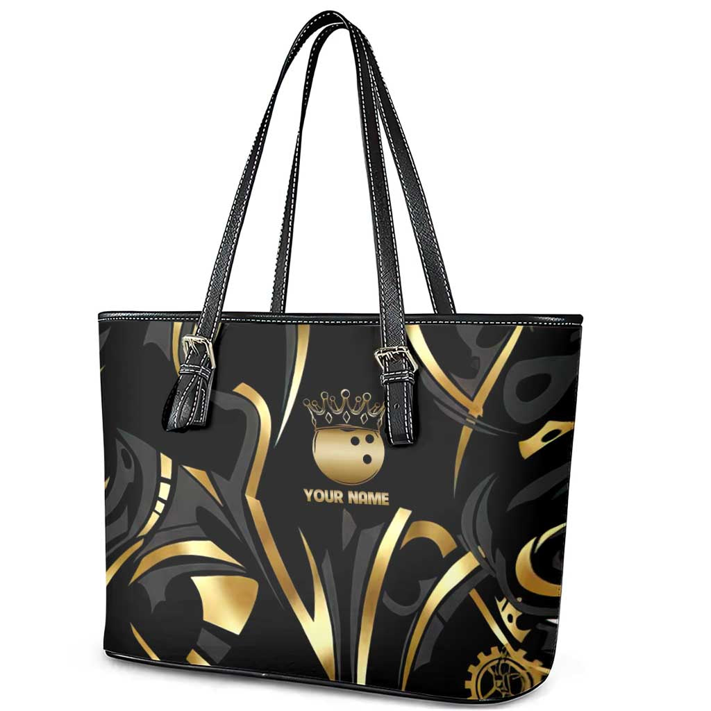 Personalized Golden Tribal Bowling Ball Emblem Leather Tote Bag with Black Abstract Metallic Pattern - Wonder Print Shop