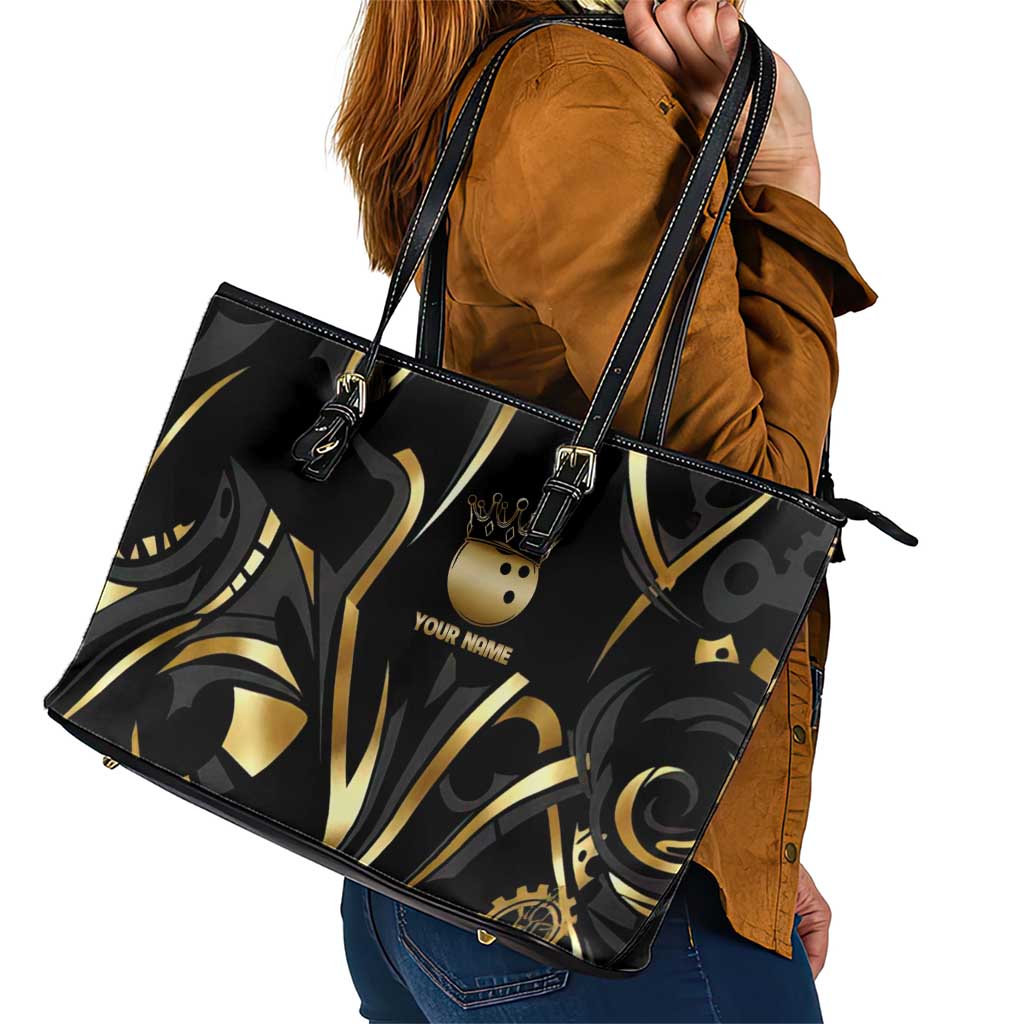 Personalized Golden Tribal Bowling Ball Emblem Leather Tote Bag with Black Abstract Metallic Pattern - Wonder Print Shop