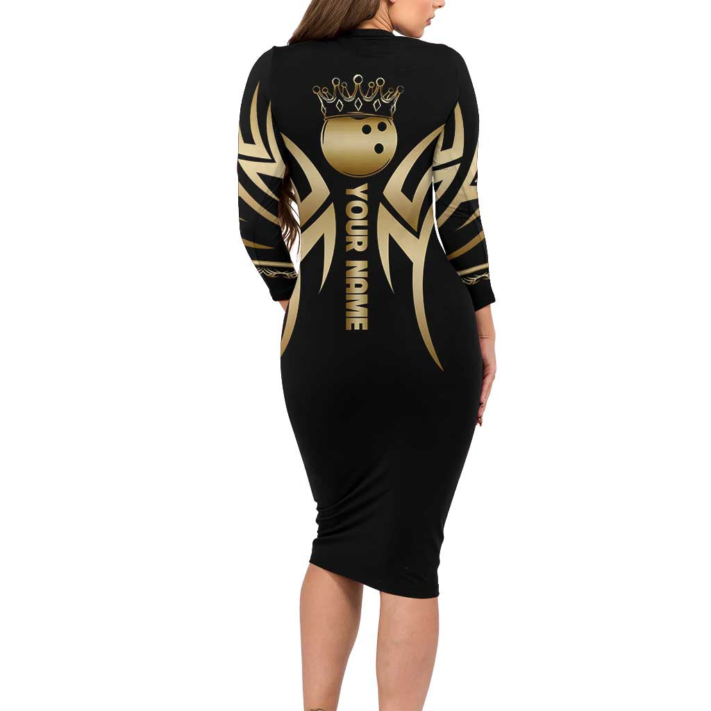 Personalized Golden Tribal Bowling Ball Emblem Long Sleeve Bodycon Dress with Black Abstract Metallic Pattern