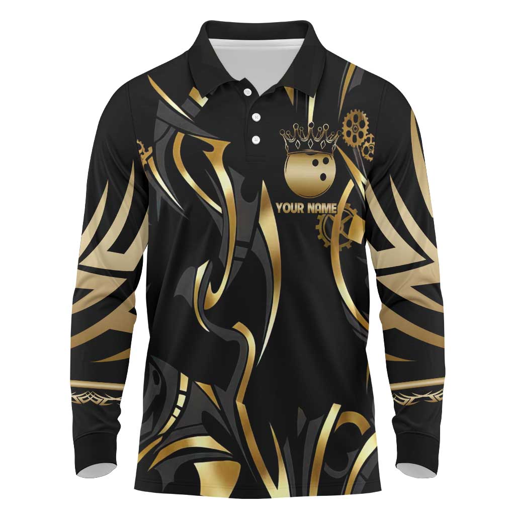 Personalized Golden Tribal Bowling Ball Emblem Long Sleeve Polo Shirt with Black Abstract Metallic Pattern - Wonder Print Shop