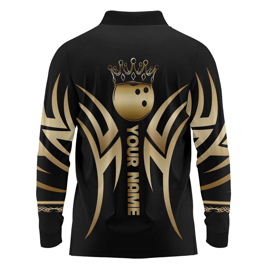 Personalized Golden Tribal Bowling Ball Emblem Long Sleeve Polo Shirt with Black Abstract Metallic Pattern - Wonder Print Shop