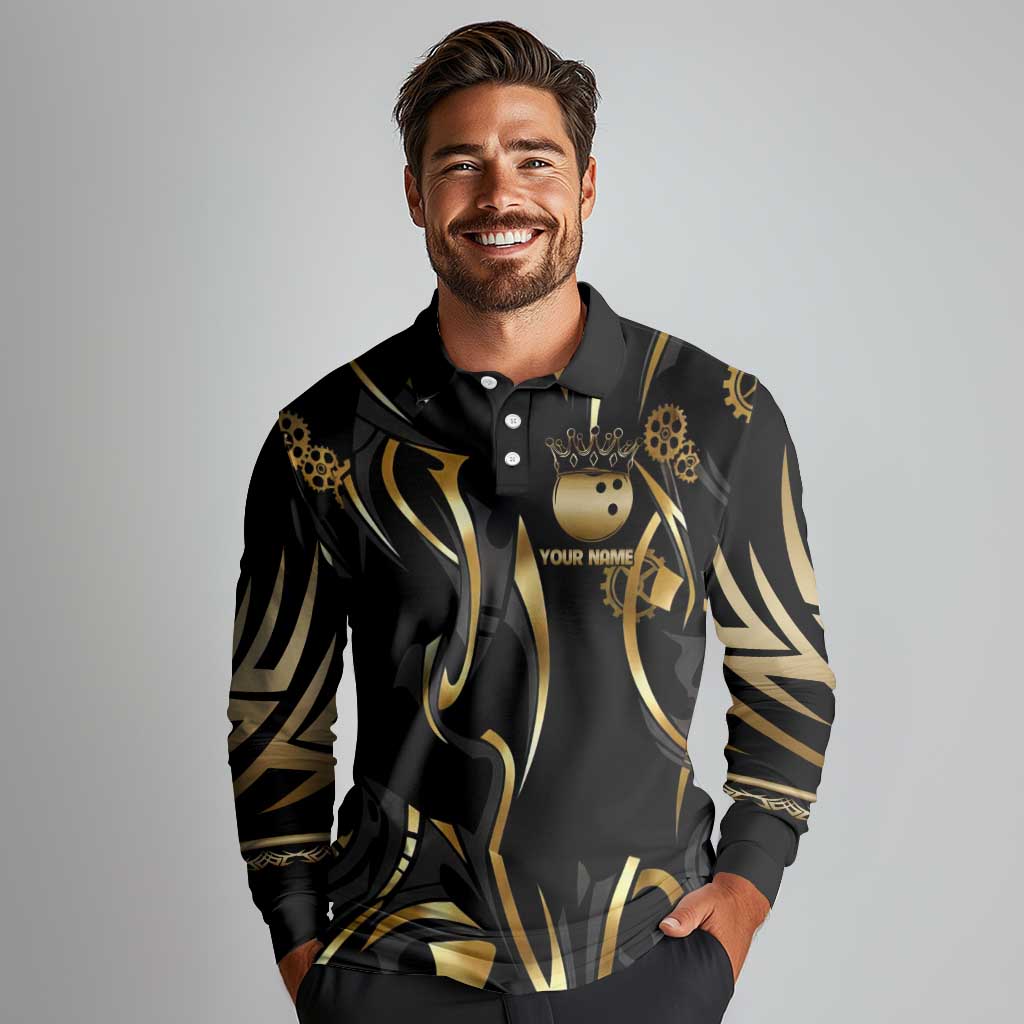 Personalized Golden Tribal Bowling Ball Emblem Long Sleeve Polo Shirt with Black Abstract Metallic Pattern - Wonder Print Shop