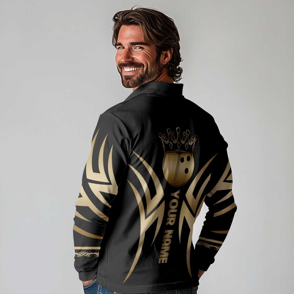Personalized Golden Tribal Bowling Ball Emblem Long Sleeve Polo Shirt with Black Abstract Metallic Pattern - Wonder Print Shop