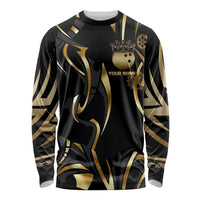 Personalized Golden Tribal Bowling Ball Emblem Long Sleeve Shirt with Black Abstract Metallic Pattern - Wonder Print Shop