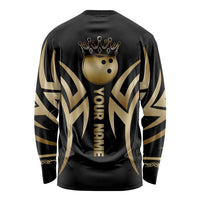 Personalized Golden Tribal Bowling Ball Emblem Long Sleeve Shirt with Black Abstract Metallic Pattern - Wonder Print Shop
