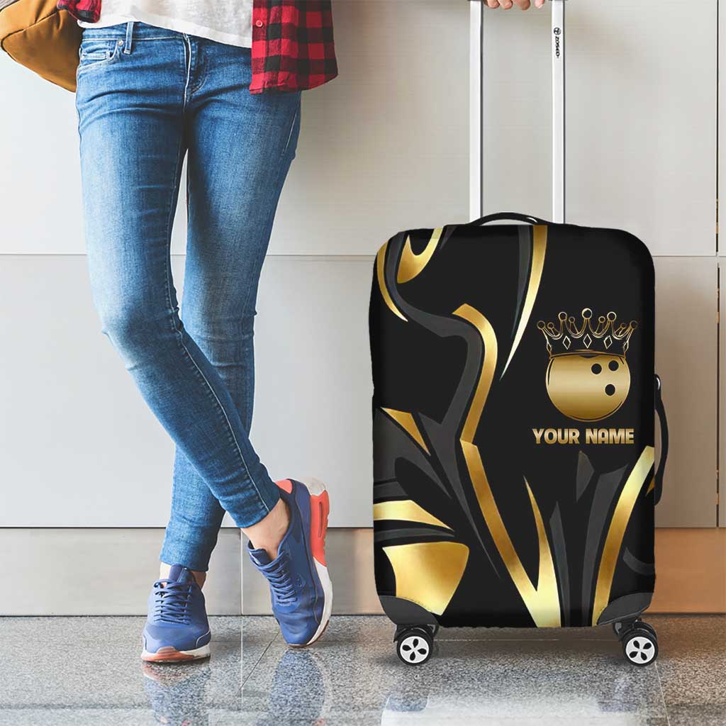 Personalized Golden Tribal Bowling Ball Emblem Luggage Cover with Black Abstract Metallic Pattern - Wonder Print Shop