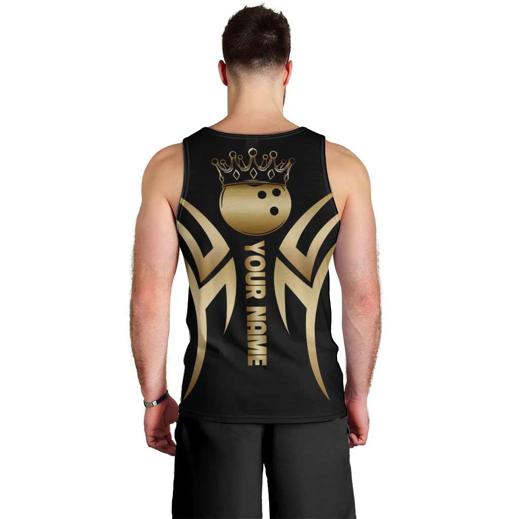 Personalized Golden Tribal Bowling Ball Emblem Men Tank Top with Black Abstract Metallic Pattern - Wonder Print Shop
