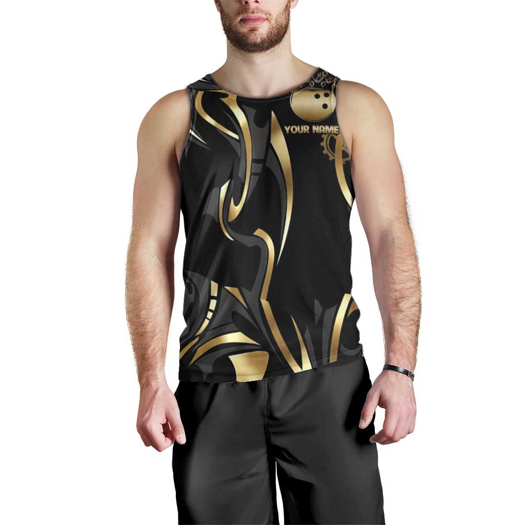 Personalized Golden Tribal Bowling Ball Emblem Men Tank Top with Black Abstract Metallic Pattern - Wonder Print Shop