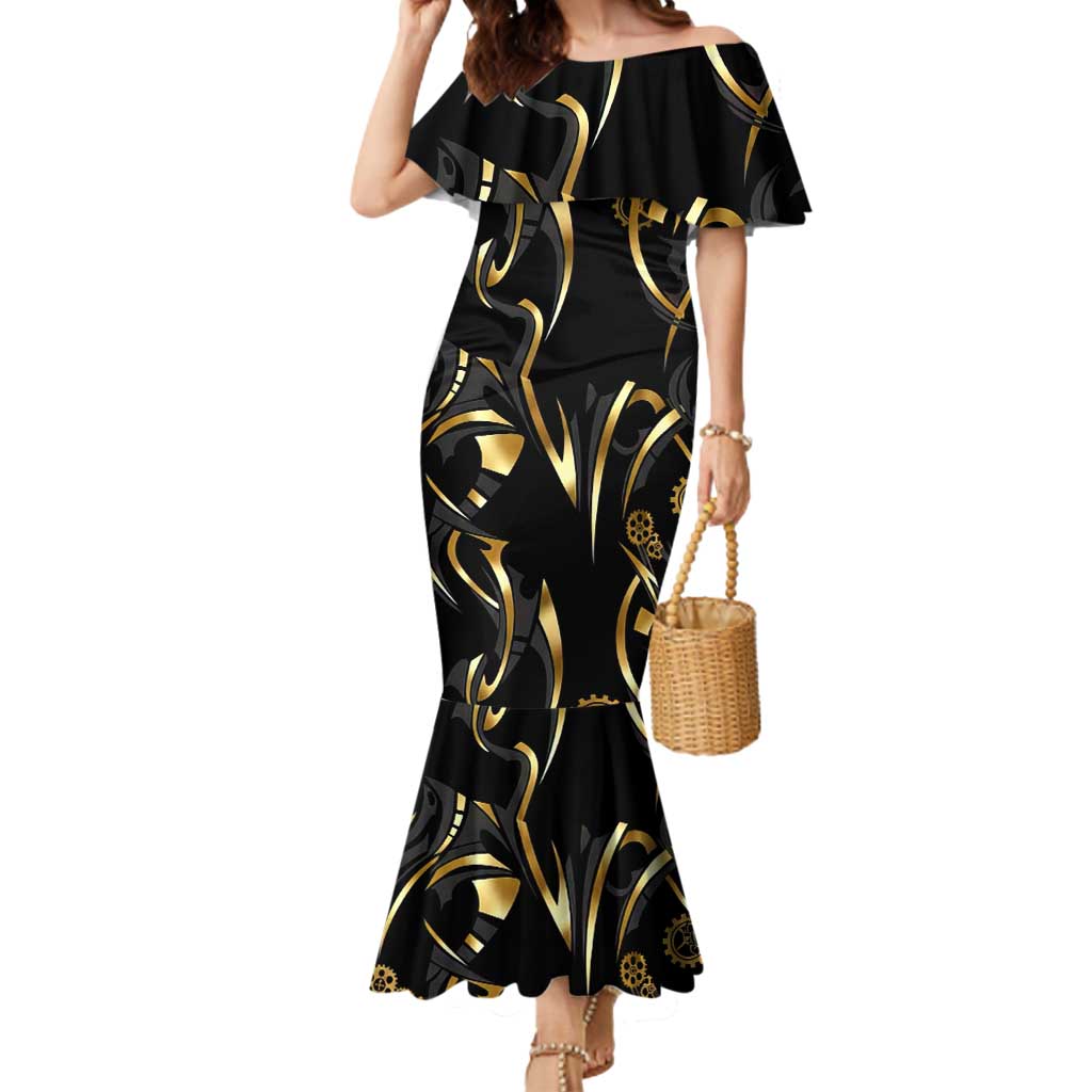 Personalized Golden Tribal Bowling Ball Emblem Mermaid Dress with Black Abstract Metallic Pattern - Wonder Print Shop