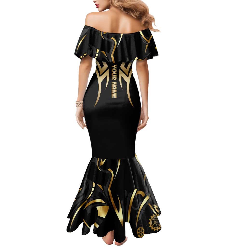 Personalized Golden Tribal Bowling Ball Emblem Mermaid Dress with Black Abstract Metallic Pattern - Wonder Print Shop
