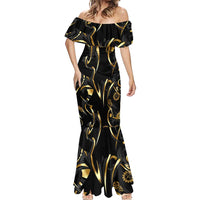 Personalized Golden Tribal Bowling Ball Emblem Mermaid Dress with Black Abstract Metallic Pattern - Wonder Print Shop