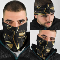 Personalized Golden Tribal Bowling Ball Emblem Neck Gaiter with Black Abstract Metallic Pattern - Wonder Print Shop