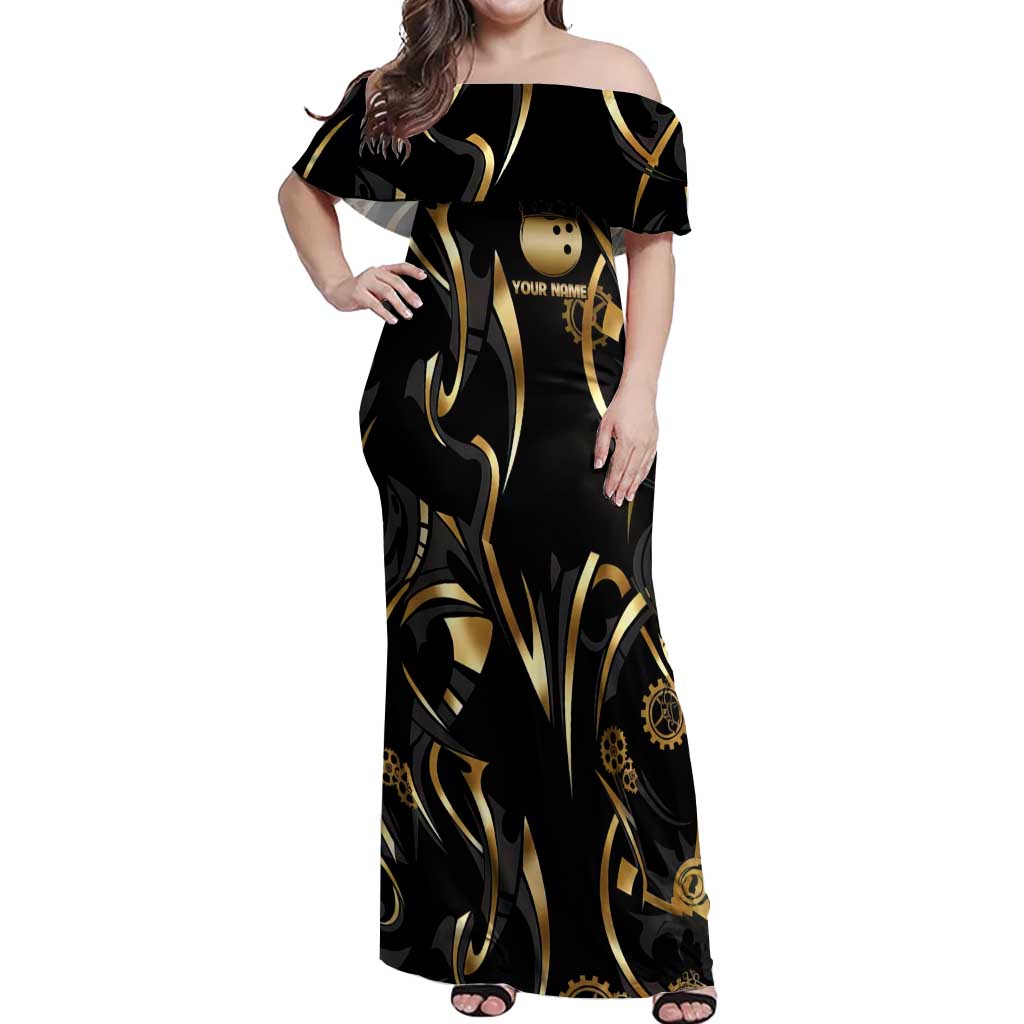 Personalized Golden Tribal Bowling Ball Emblem Off Shoulder Maxi Dress with Black Abstract Metallic Pattern - Wonder Print Shop