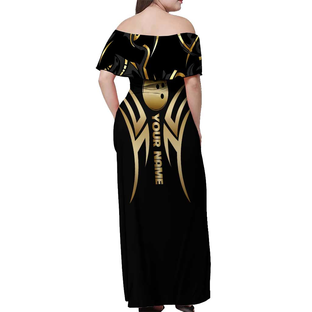 Personalized Golden Tribal Bowling Ball Emblem Off Shoulder Maxi Dress with Black Abstract Metallic Pattern - Wonder Print Shop