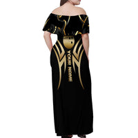 Personalized Golden Tribal Bowling Ball Emblem Off Shoulder Maxi Dress with Black Abstract Metallic Pattern - Wonder Print Shop