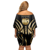 Personalized Golden Tribal Bowling Ball Emblem Off Shoulder Short Dress with Black Abstract Metallic Pattern - Wonder Print Shop