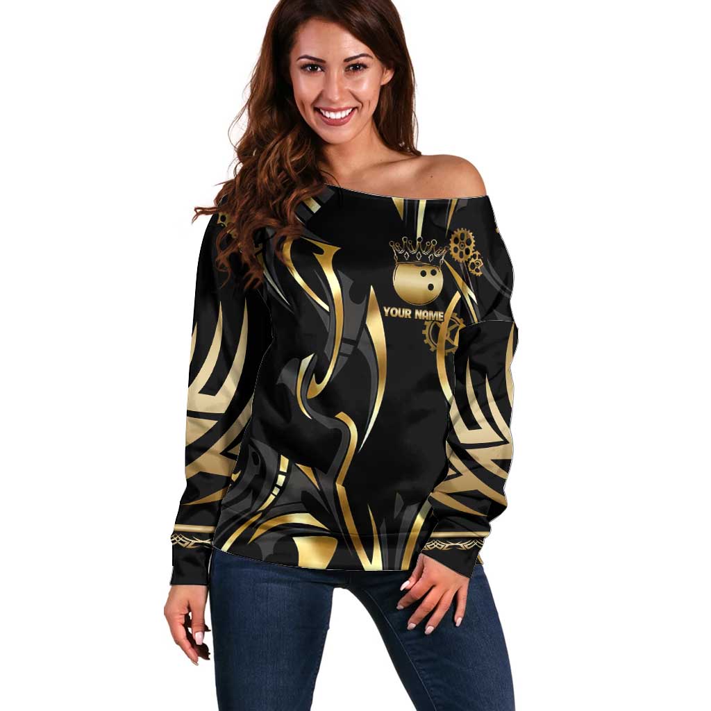 Personalized Golden Tribal Bowling Ball Emblem Off Shoulder Sweater with Black Abstract Metallic Pattern - Wonder Print Shop