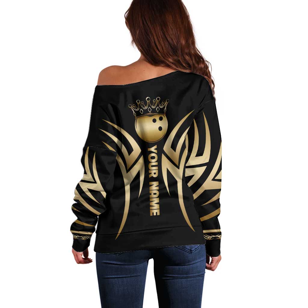 Personalized Golden Tribal Bowling Ball Emblem Off Shoulder Sweater with Black Abstract Metallic Pattern - Wonder Print Shop