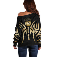 Personalized Golden Tribal Bowling Ball Emblem Off Shoulder Sweater with Black Abstract Metallic Pattern - Wonder Print Shop