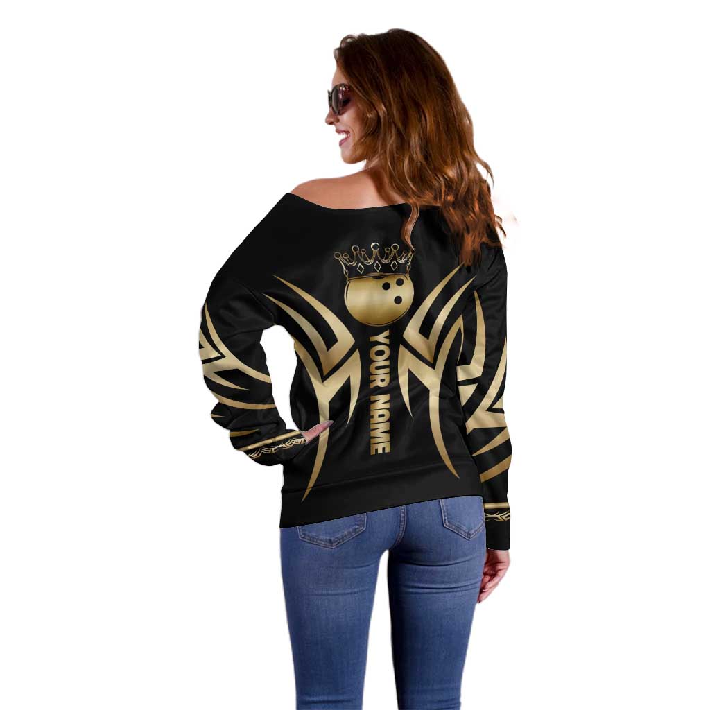 Personalized Golden Tribal Bowling Ball Emblem Off Shoulder Sweater with Black Abstract Metallic Pattern - Wonder Print Shop