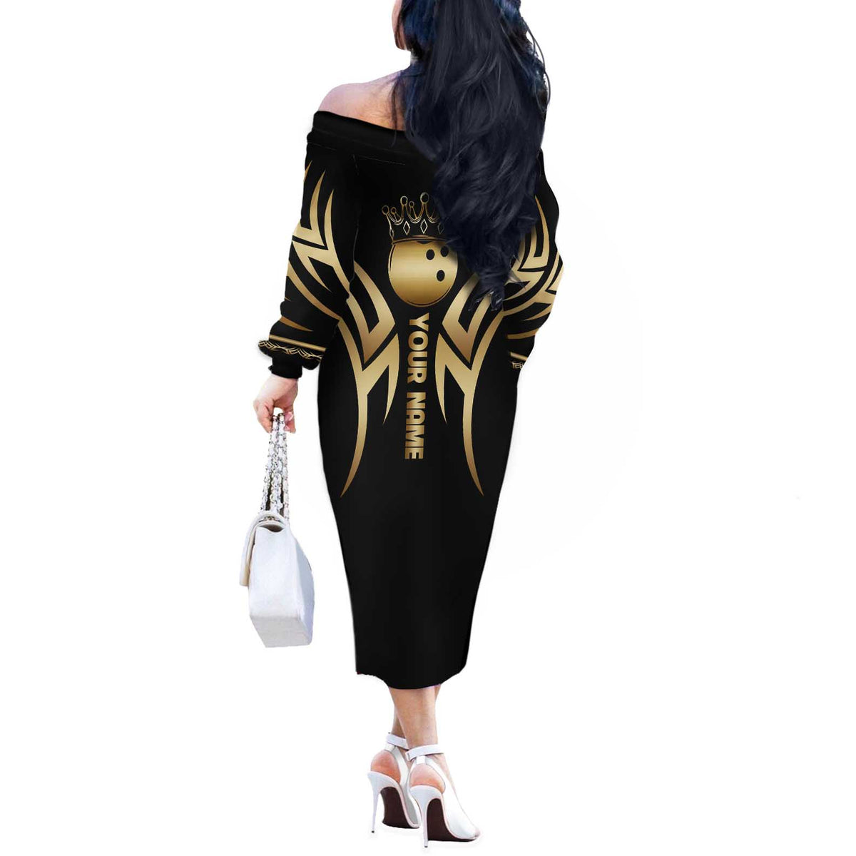 Personalized Golden Tribal Bowling Ball Emblem Off The Shoulder Long Sleeve Dress with Black Abstract Metallic Pattern - Wonder Print Shop
