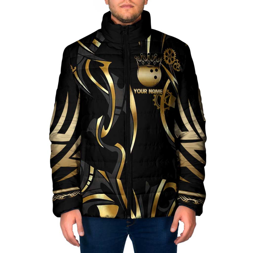 Personalized Golden Tribal Bowling Ball Emblem Padded Jacket with Black Abstract Metallic Pattern - Wonder Print Shop