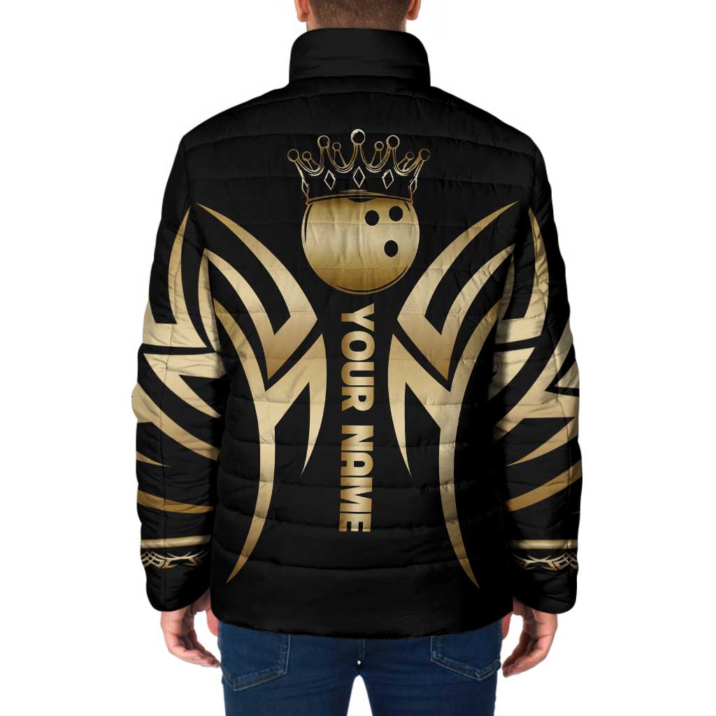 Personalized Golden Tribal Bowling Ball Emblem Padded Jacket with Black Abstract Metallic Pattern - Wonder Print Shop