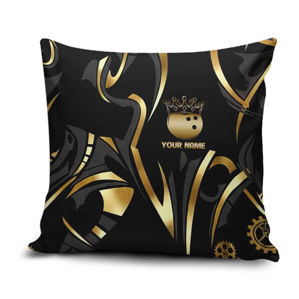 Personalized Golden Tribal Bowling Ball Emblem Pillow Cover with Black Abstract Metallic Pattern - Wonder Print Shop