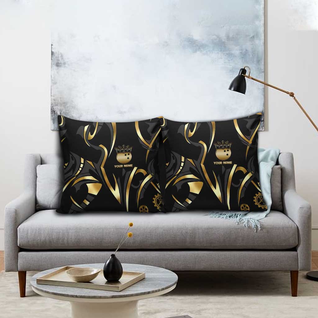 Personalized Golden Tribal Bowling Ball Emblem Pillow Cover with Black Abstract Metallic Pattern - Wonder Print Shop