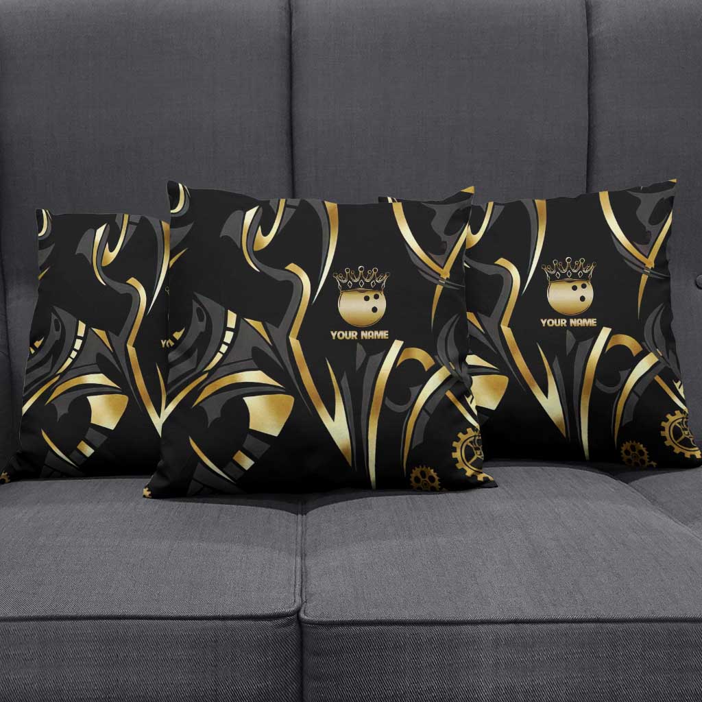 Personalized Golden Tribal Bowling Ball Emblem Pillow Cover with Black Abstract Metallic Pattern - Wonder Print Shop