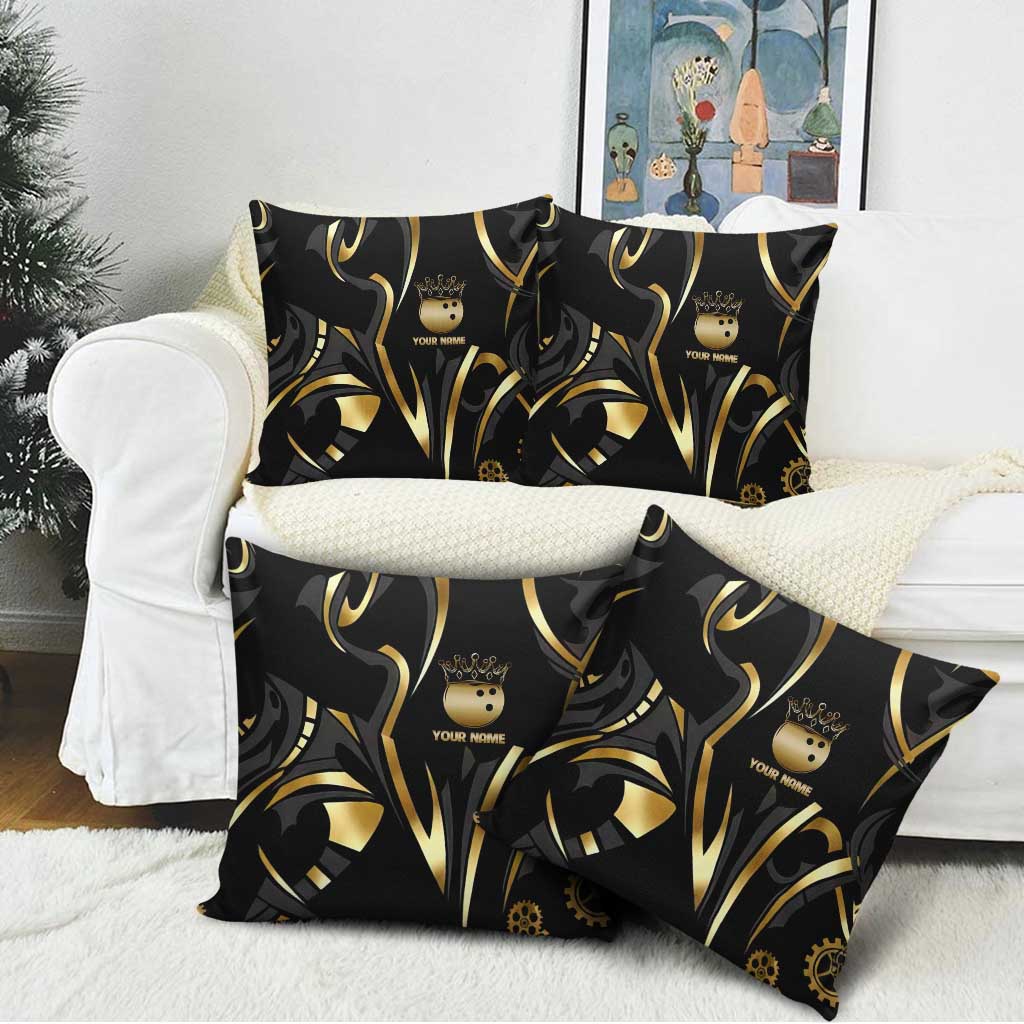 Personalized Golden Tribal Bowling Ball Emblem Pillow Cover with Black Abstract Metallic Pattern - Wonder Print Shop