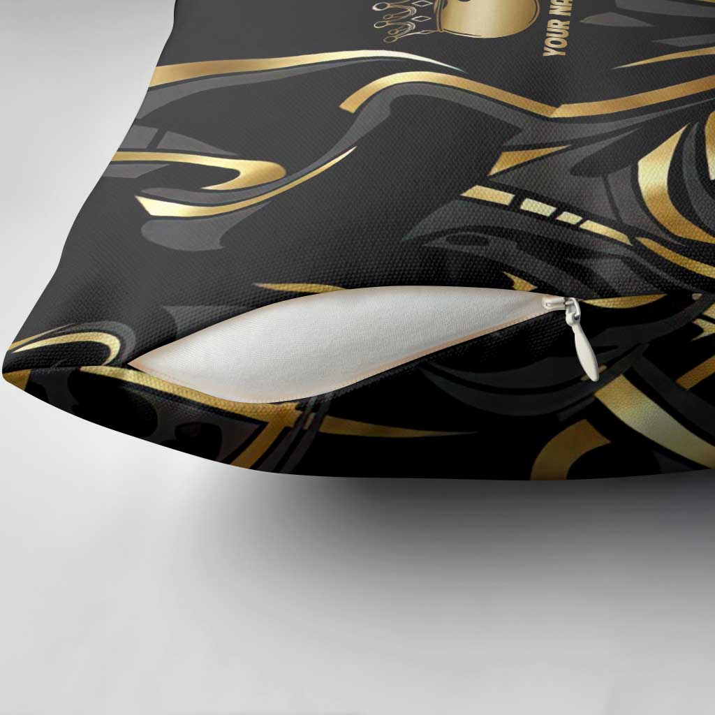 Personalized Golden Tribal Bowling Ball Emblem Pillow Cover with Black Abstract Metallic Pattern - Wonder Print Shop