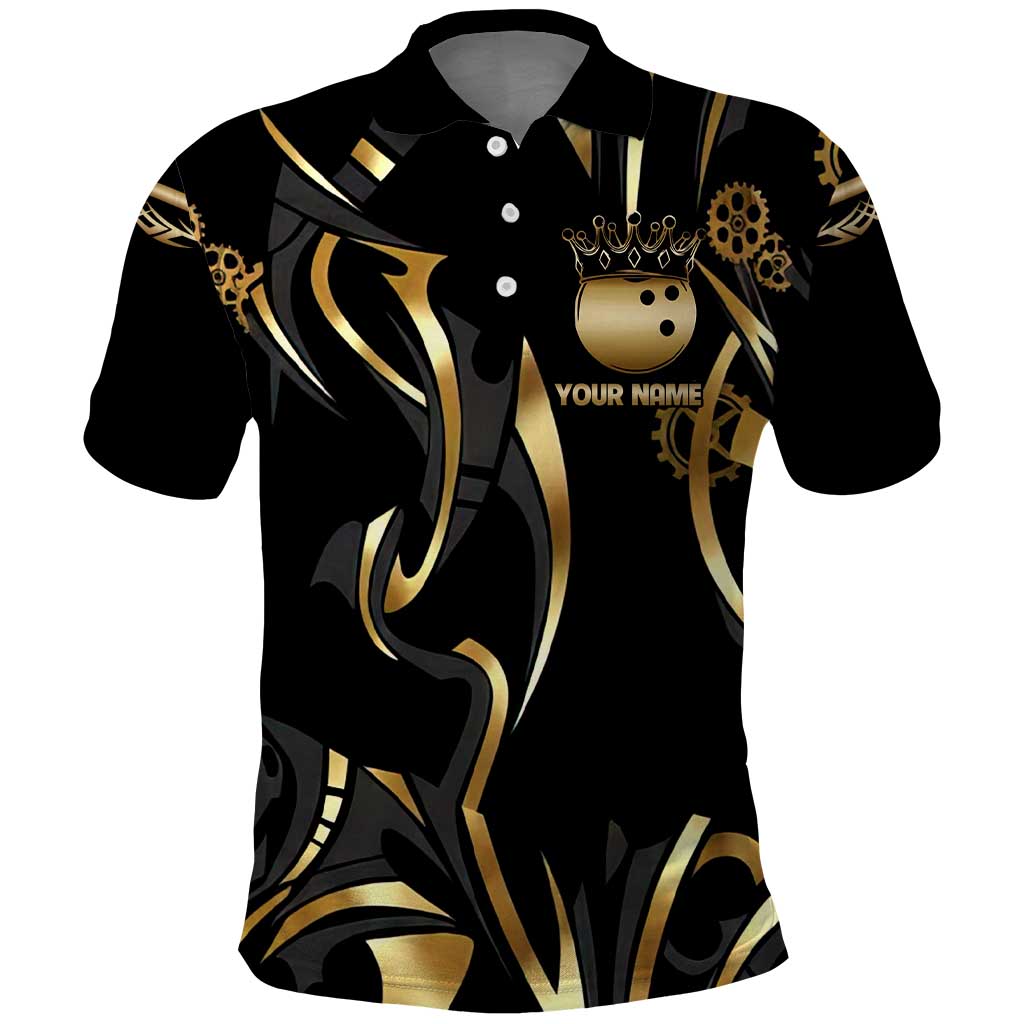 Personalized Golden Tribal Bowling Ball Emblem Polo Shirt with Black Abstract Metallic Pattern - Wonder Print Shop