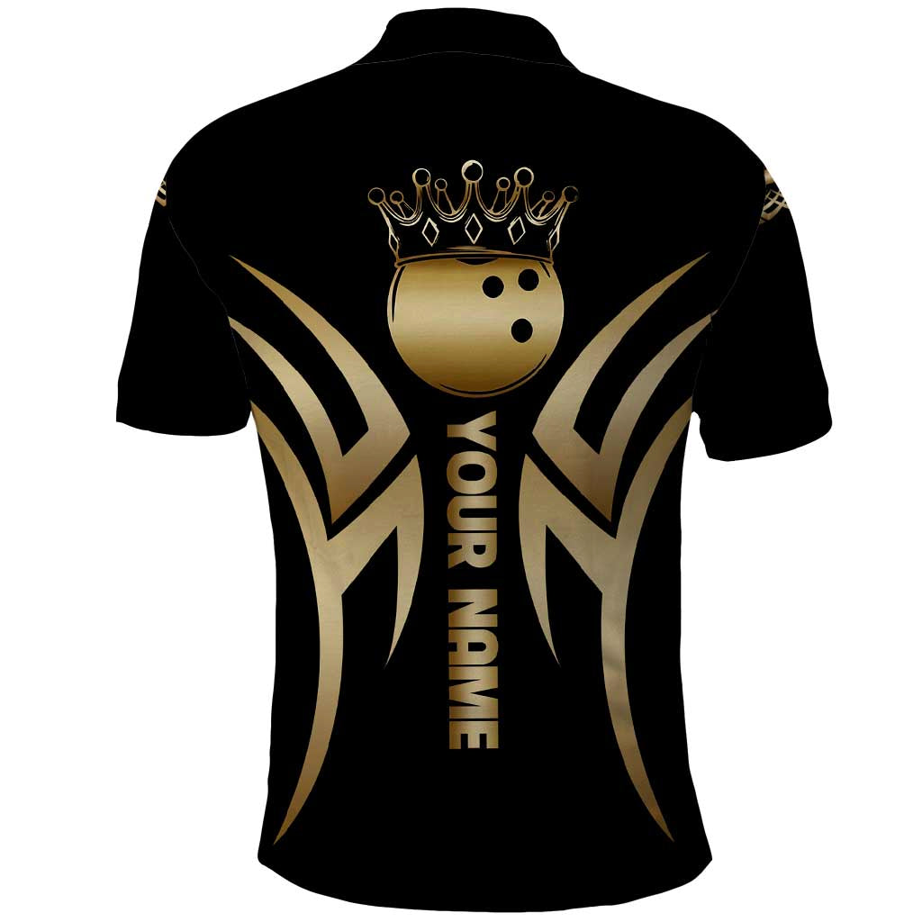 Personalized Golden Tribal Bowling Ball Emblem Polo Shirt with Black Abstract Metallic Pattern - Wonder Print Shop