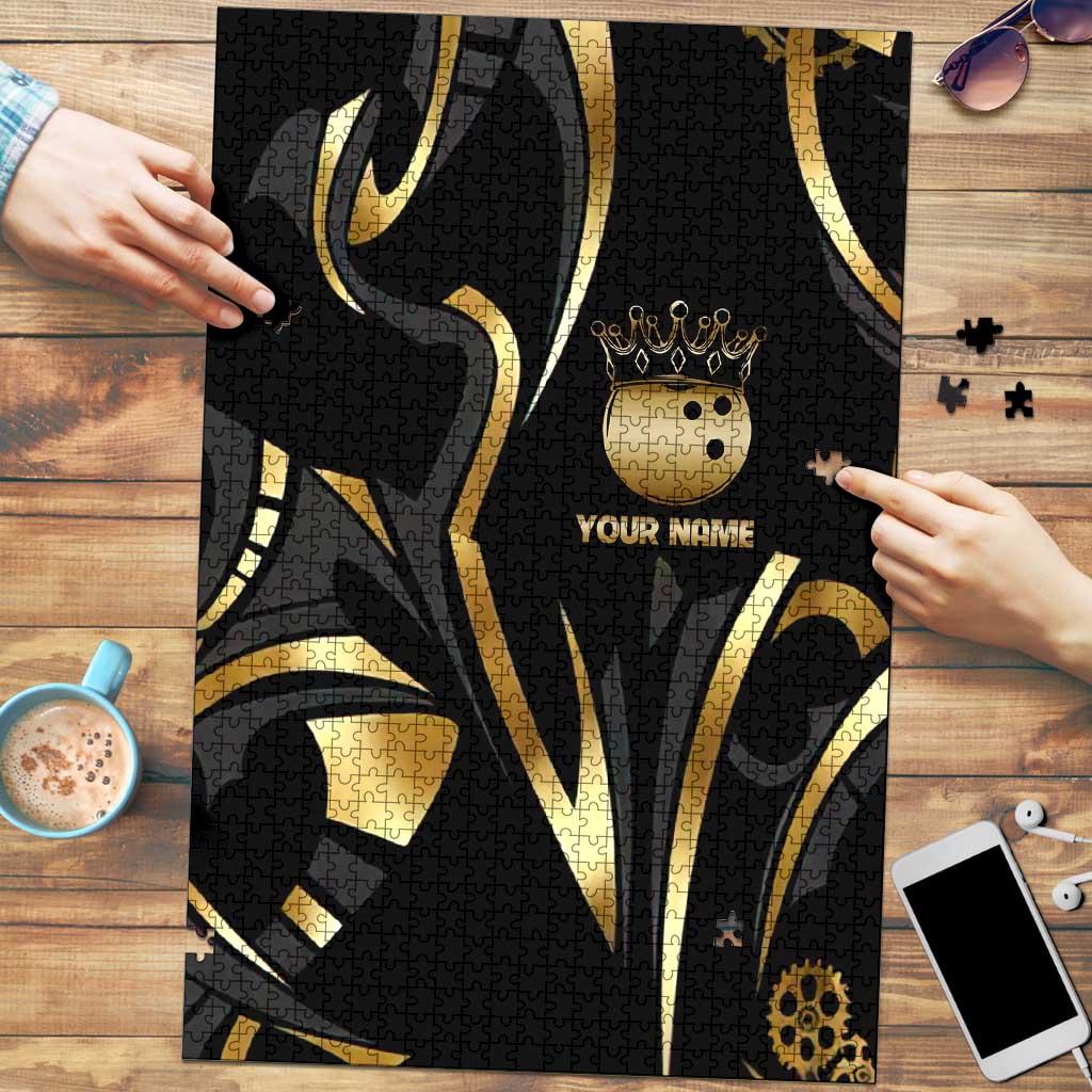 Personalized Golden Tribal Bowling Ball Emblem Puzzle with Black Abstract Metallic Pattern - Wonder Print Shop