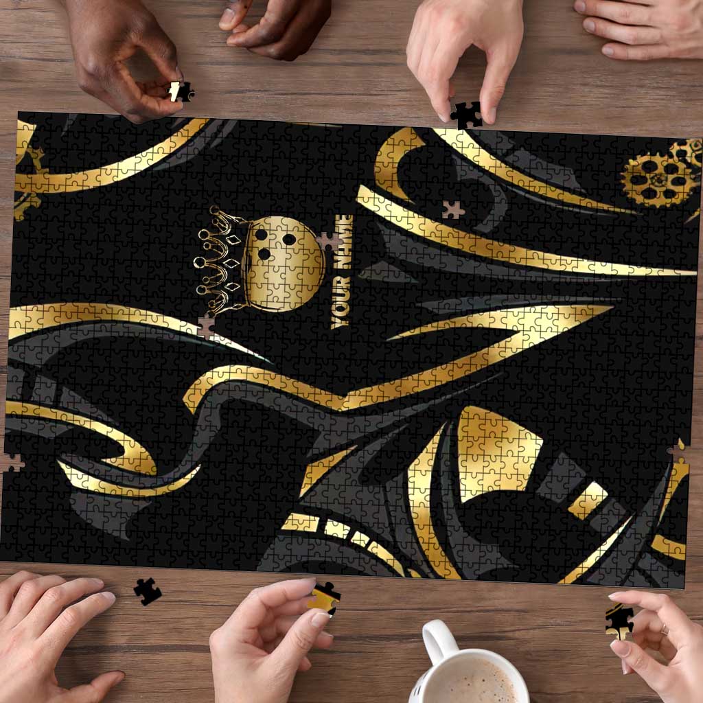 Personalized Golden Tribal Bowling Ball Emblem Puzzle with Black Abstract Metallic Pattern - Wonder Print Shop