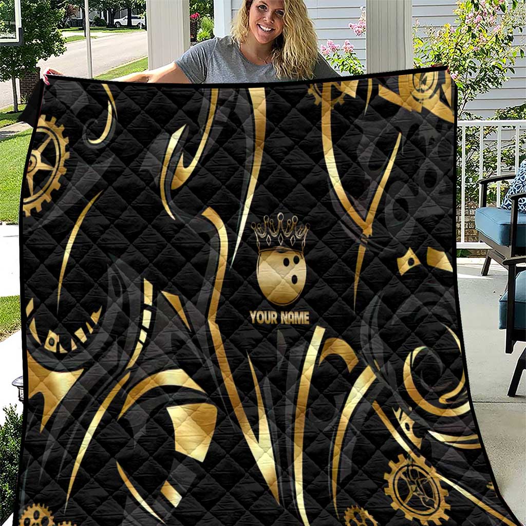 Personalized Golden Tribal Bowling Ball Emblem Quilt with Black Abstract Metallic Pattern - Wonder Print Shop
