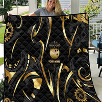 Personalized Golden Tribal Bowling Ball Emblem Quilt with Black Abstract Metallic Pattern - Wonder Print Shop